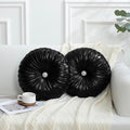 HIG Set of 2 Black Metallic Leather Decorative Round Pleated Throw Pillows | by HIG