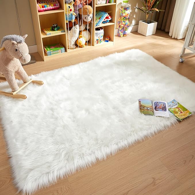 AMTOVO Faux Fur Sheepskin Rug for Living Room, 4 x 6 ft White Fluffy Area Rug - Image 3