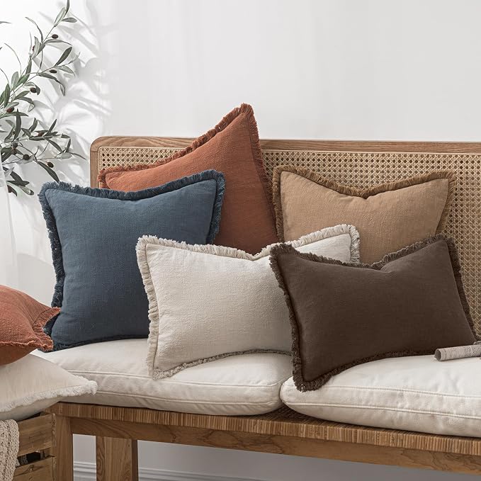 MIULEE Linen Fringe Decorative Fall Euro Pillow Covers Reddish Brown 24x24 | - Image 7