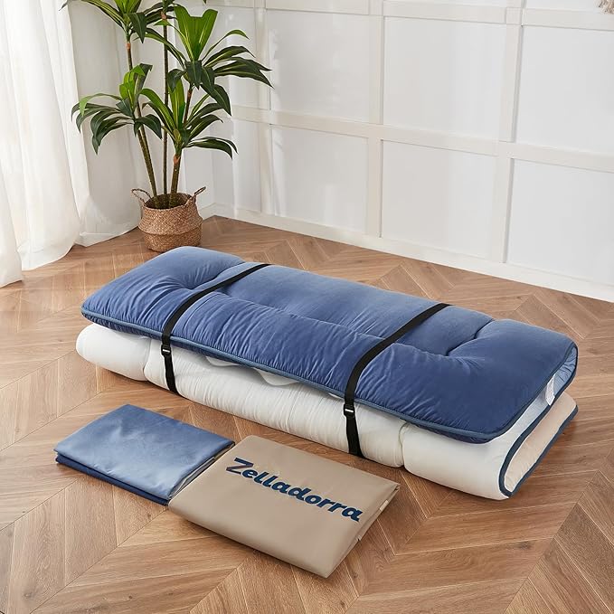 Japanese Floor Mattress, Futon Mattress with Portable Storage Bag and Washable Cover, Roll Up Thick Tatami Mat Suitable for Camping, Guest Room (Coastal Gradient, Queen)
