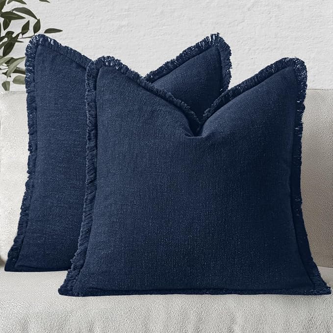 MIULEE Linen Fringe Decorative Euro Throw Pillow Covers Dark Navy 22x22 | Set by MIULEE