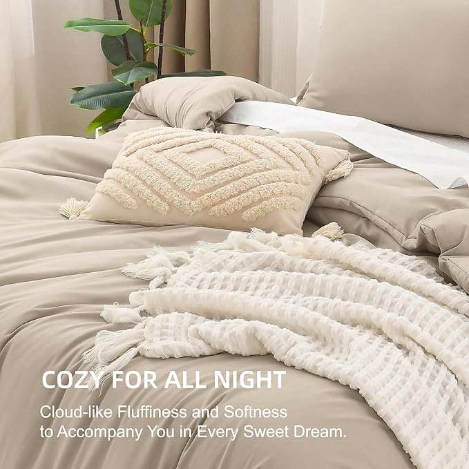 Litanika Khaki Comforter Set Queen Size, 3 Pieces Solid Bedding Comforter Set, All Season Down Alternative Bed Set (90x90In Comforter & 2 Pillowcases)
