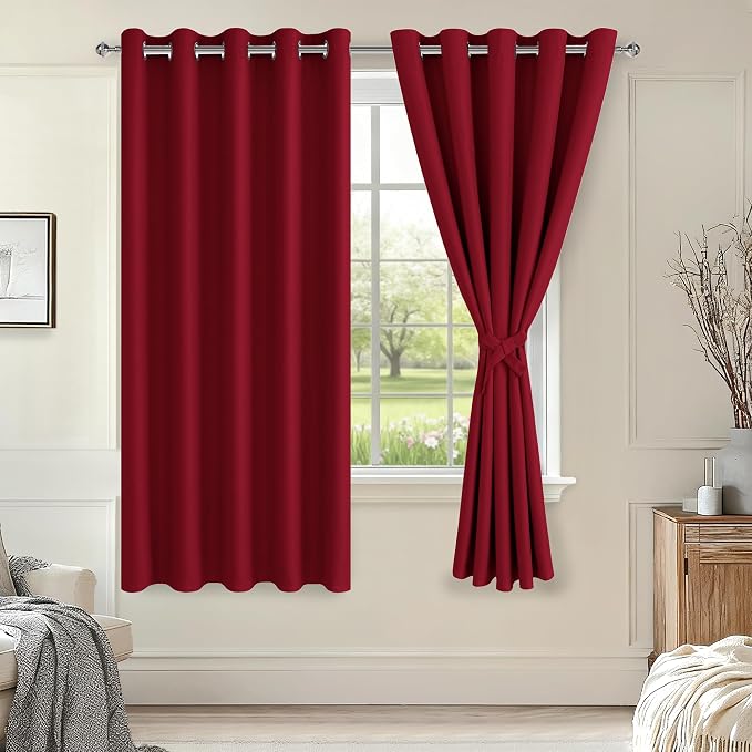 Grommet Blackout Curtains for Bedroom, 60 x 72 Inches Christmas Red | Thermal by Hiasan