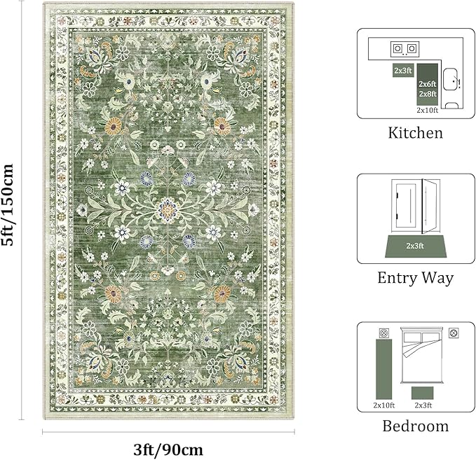 Yamaziot 3x5 Washable Area Rug for Bedroom Floral Carpet Sage Green | Non Slip - Image 2