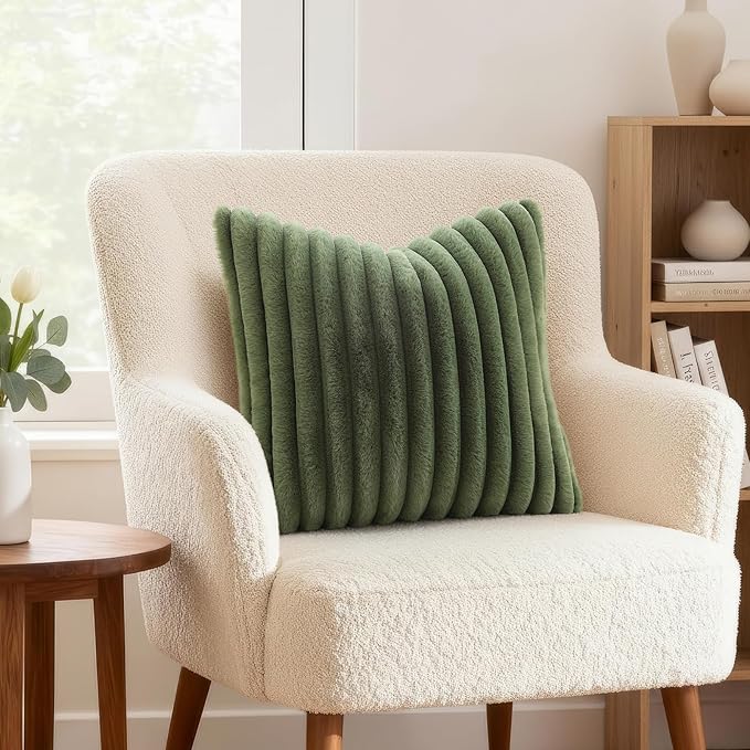 decorUhome Fall Faux Fur Throw Pillow Covers 18x18 Set of 2 Olive Green | - Image 2