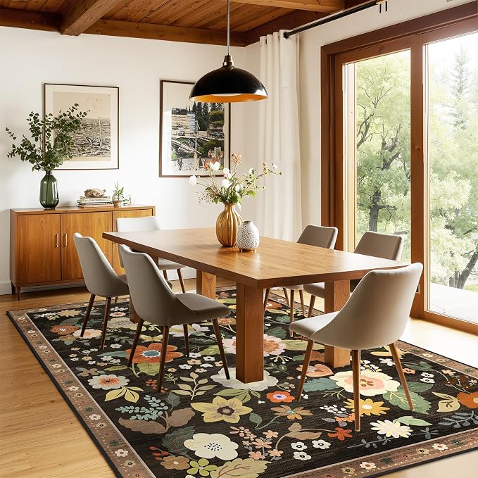 RELEANY Floral Washable 9x12 Area Rugs Black/Yellow | Flower Carpet Print Boho - Image 6