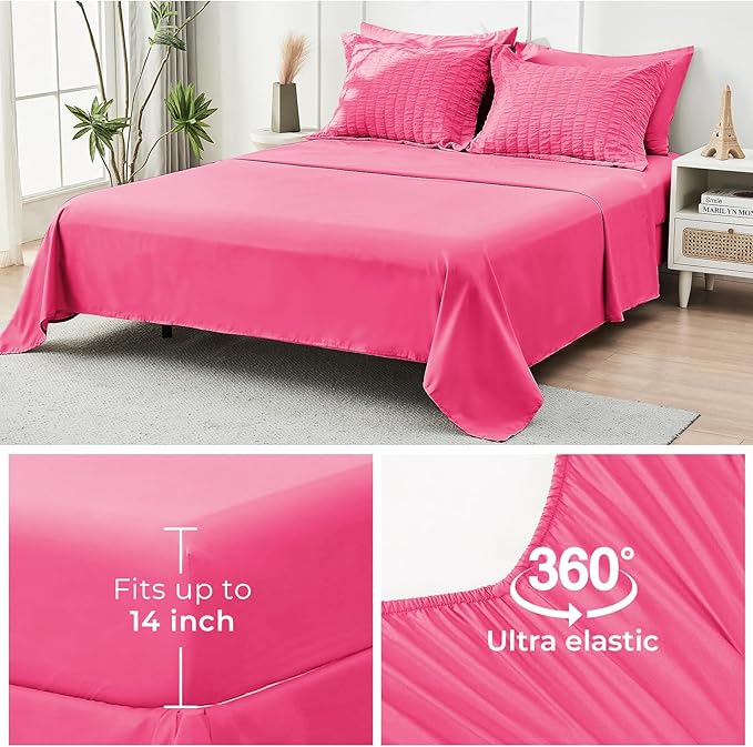 HYMOKEGE Hot Pink Queen Comforter Set Seersucker 7 Pieces, All Season Luxury Bed in a Bag Queen for Bedroom, Bedding Set with Comforter, Sheets, Pillowcases & Shams