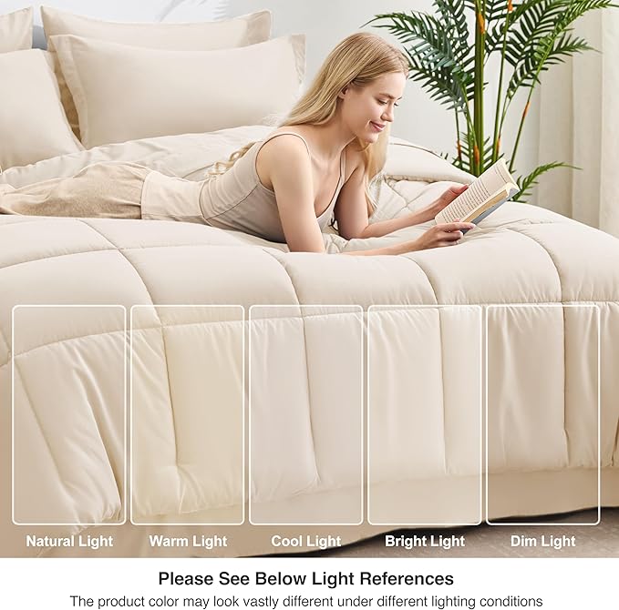 Love's cabin Full Comforter Set Beige, 7 Pieces Full Bed in a Bag, All Season Bedding Sets with 1 Comforter, 1 Flat Sheet, 1 Fitted Sheet, 2 Pillowcase and 2 Pillow Sham