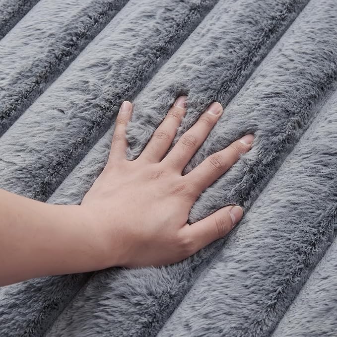 Blue Grey Rabbit Striped Plush Rug 2'x6', Fluffy Shaggy Area Rug - Image 4