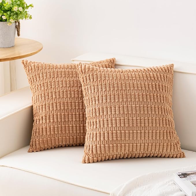 Pack of 2 Corduroy Decorative Throw Pillow Covers 18x18 Inch, Apricot | Fall by Unknown