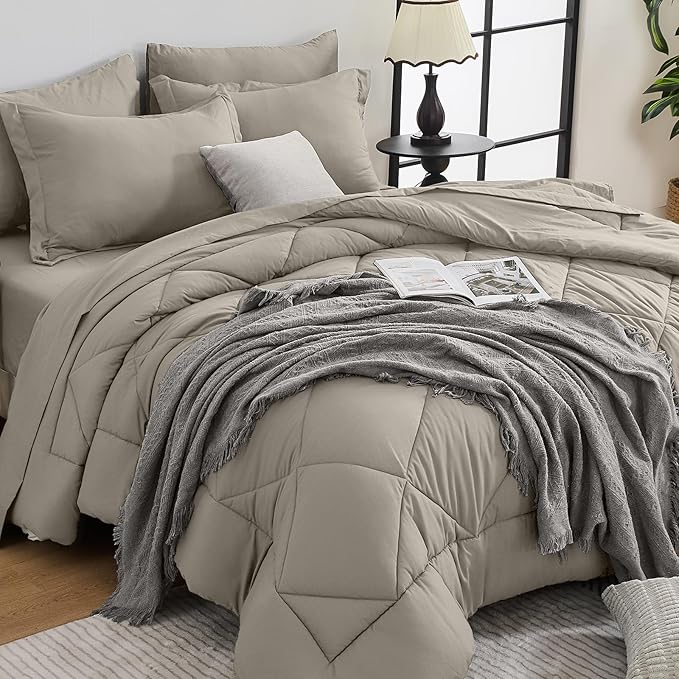 HEVUMYI Oatmeal King Comforter Set - 7-Piece All Season Bed in a Bag King, Ultra Soft Bedding Set with Comforter, Flat Sheet, Fitted Sheet, Pillowcases, Pillow Shams