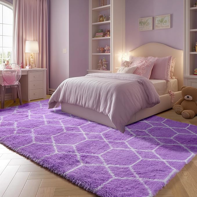 Area Rugs for Bedroom, 4x6 Fluffy Carpet Purple and White Geometric Rug | Boho - Image 6