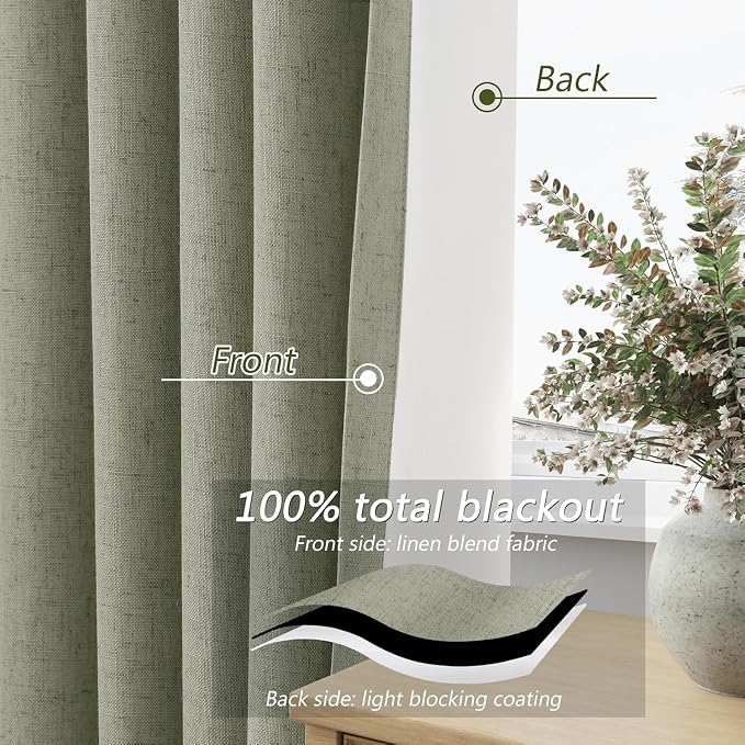 100% Blackout Linen Curtains 98 Inch Wide by 52 Inch 2 Panels Set - Image 4