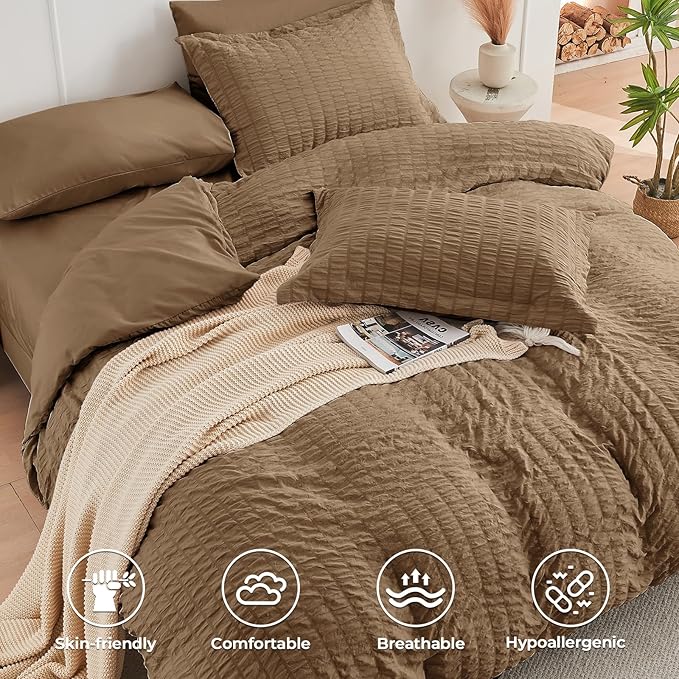 HYMOKEGE Brown Twin Comforter Set Seersucker 5 Pieces, All Season Luxury Bed in a Bag for Bedroom, Bedding Set with Comforter, Sheets, Pillowcase & Sham