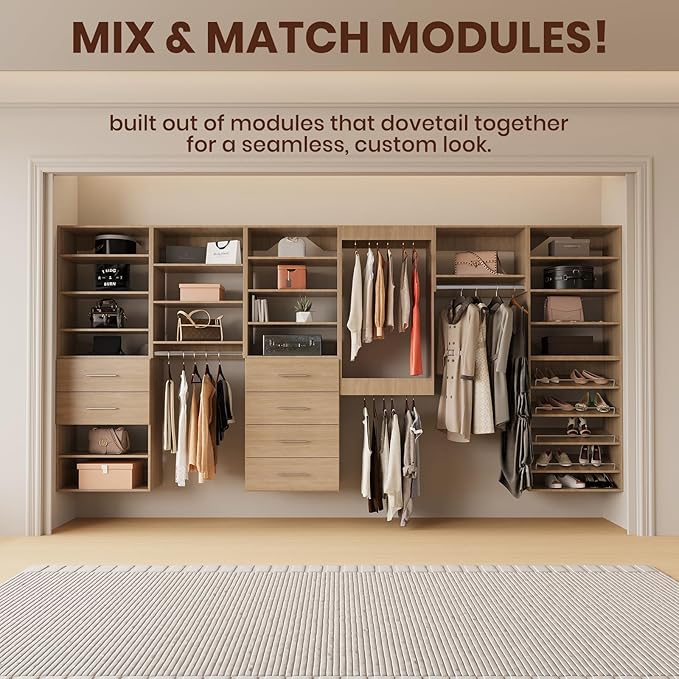 ROOMTEC 28.5" Medium Hanging Closet Unit, Modular Closet System with Hanging Rod, Wardrobe Organizer for Bedroom or Walk-in Closet, Wall Mounted, Customizable Clothes Storage Unit, Wood