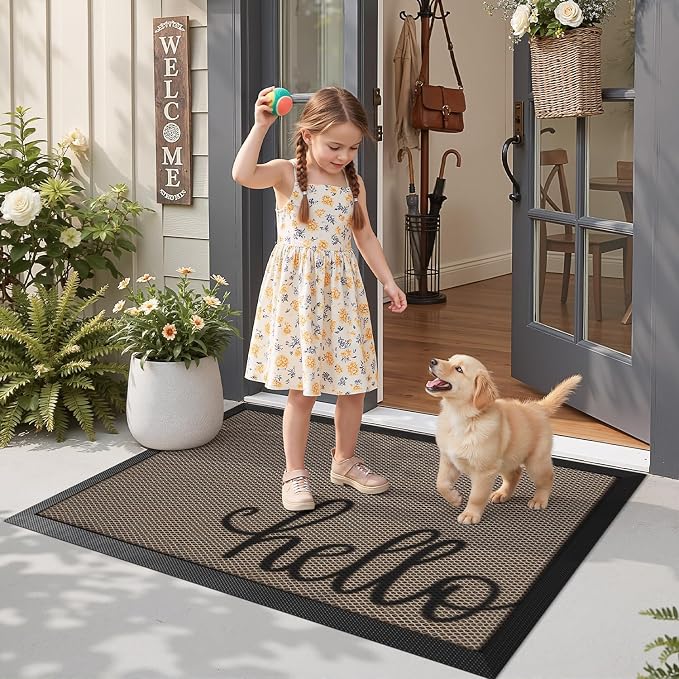 LUMI Outside Welcome Door Mat 36x59, Non-Slip Durable Rubber Easy Clean | Hello - Image 9