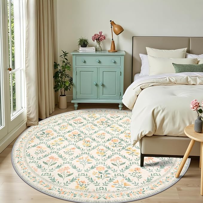 PLHXFR Round Area Rug Living Room: 8 ft Floral Washable Carpet Beige Multi | - Image 2