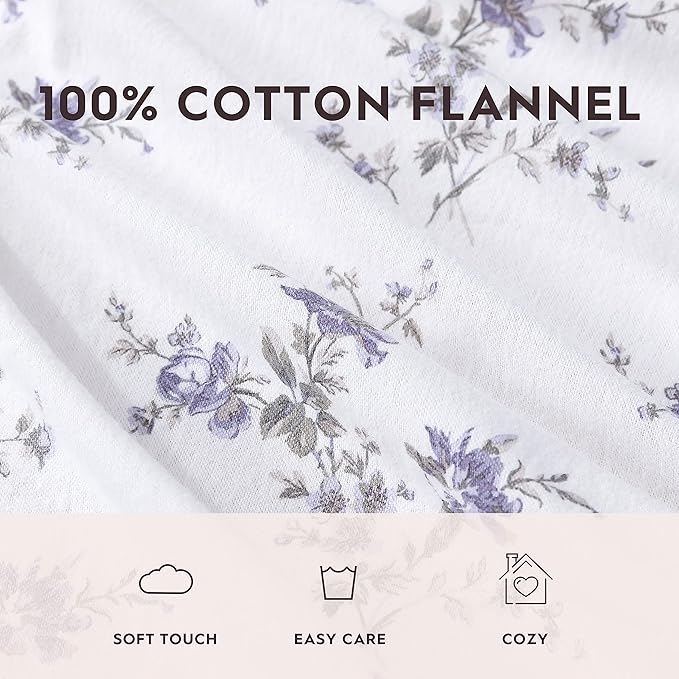 Laura Ashley - Flannel Sheets Full Size, Anti-Pilling & Wrinkle Resistant Cotton, Touchably Soft for All-Season Comfort - Bed Sheets with Matching Pillowcases & Fitted Sheet (Jessika Lavender)