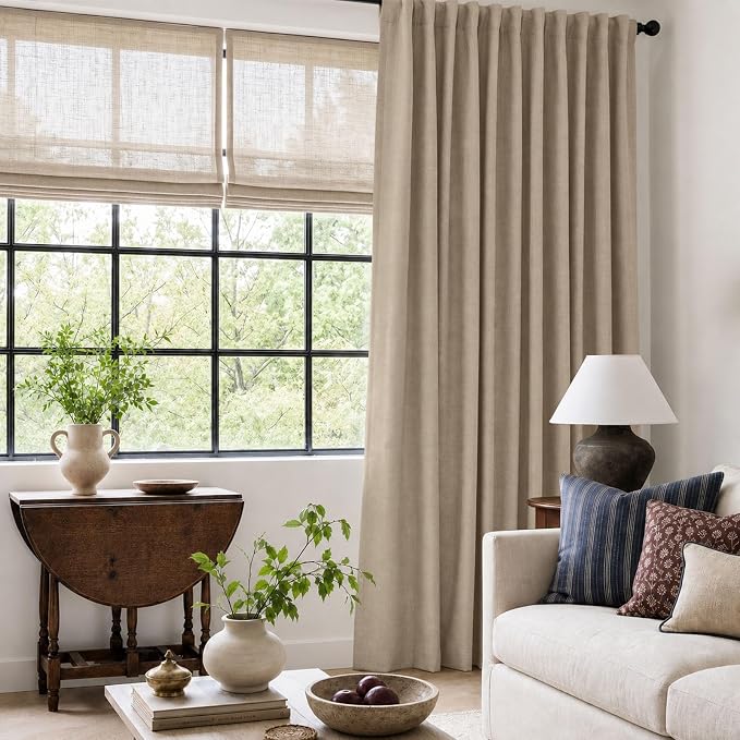 Linen Textured Blackout Sliding Door Curtains 96 Inch Long Burlywood Birch | - Image 6