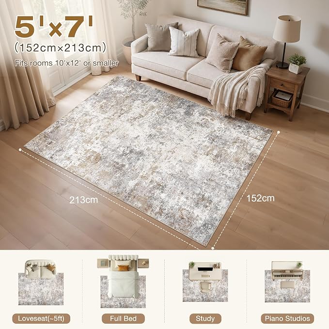 UERMEI 5x7 Area Rug Living Room Rugs Washable Neutral Brown Grey Carpet | - Image 2