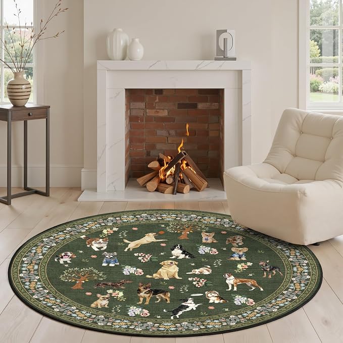 4Ft Round Dogs Area Rug for Living Room Bedroom | Stain Resistant; Non Slip; - Image 2