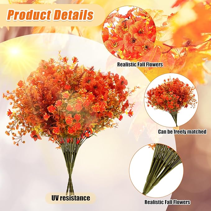 Mimorou 100 Bundle Fall Artificial Flowers Outdoor UV Resistant Autumn Orange Fake Plants Flowers Faux Plastic Greenery Decoration Shrub for Wedding Window Box Home Porch Fireplace Thanksgiving