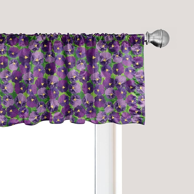 Ambesonne Botanical Window Valance Pack of 2, Green Field Full of Burgeoning Pansy Inflorescence Garden Flourish Bedding Plants, Rod Pocket Curtain Valances for Kitchen Bedroom, 54" X 12", Purple