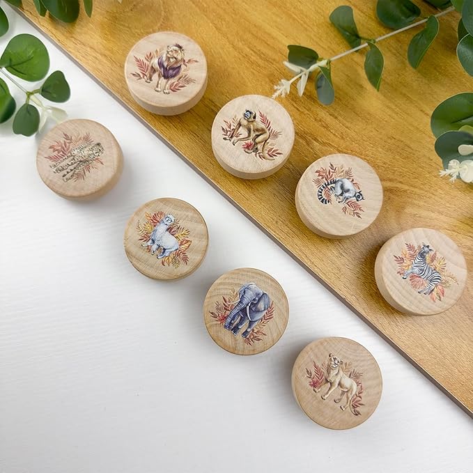 8Pack1.8 Safari Animals Wooden Cabinet Knob Elephant Giraffe Lion Zebra Theme Nursery Room Dresser Drawer Handle Pulls and Knobs