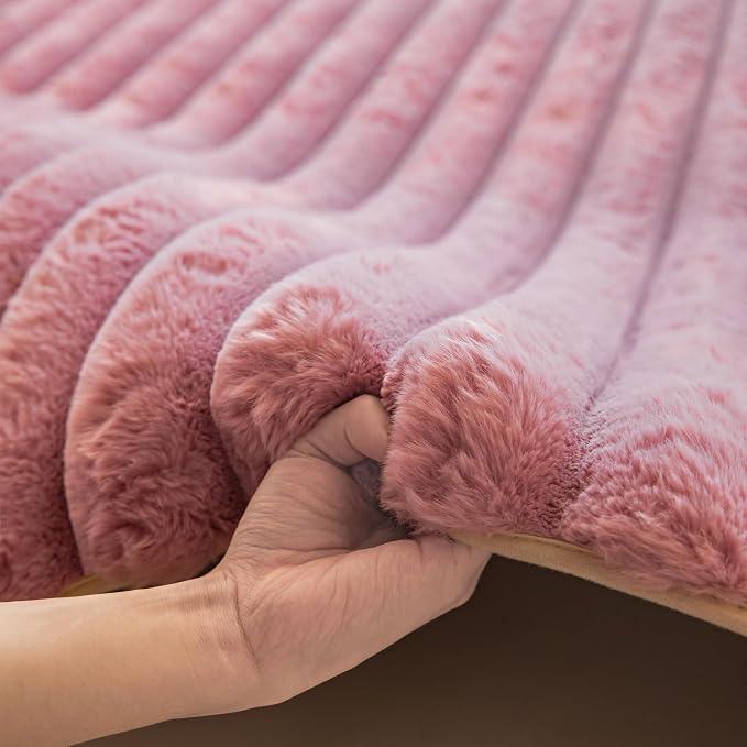 Dusty Rose Rabbit Striped Plush Rug 2'x3', Fluffy Shaggy Area Rug - Image 4