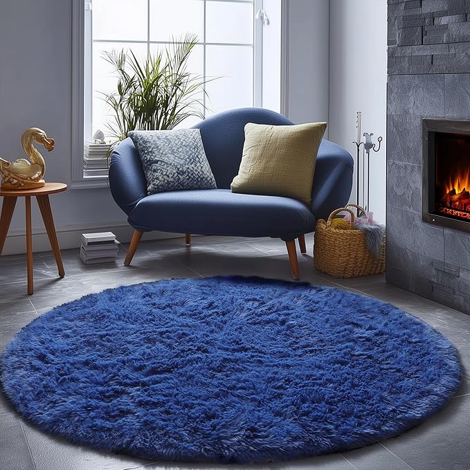 Navy Blue Round Area Rugs 5ft, Soft Bedroom Circle Rug Floor Mat by ONASAR