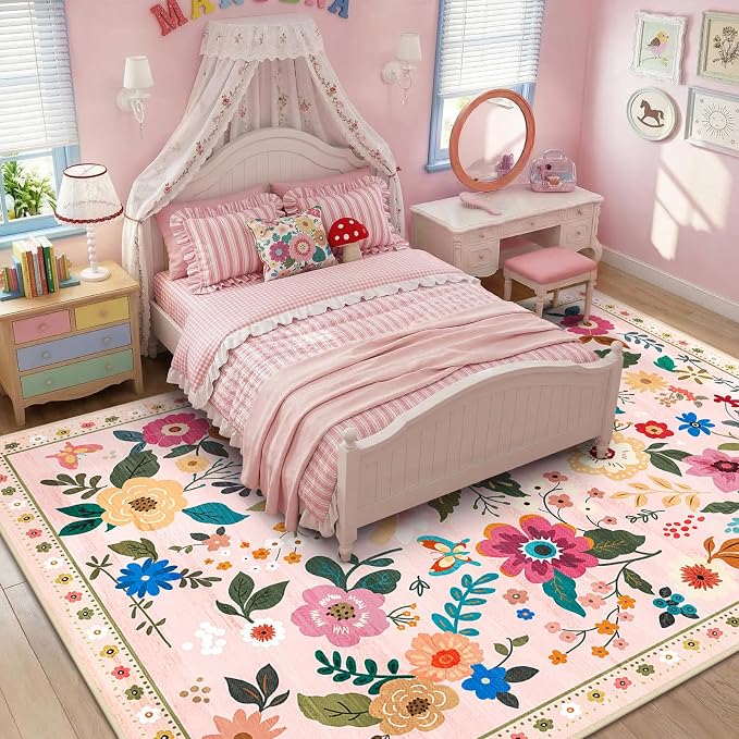 RELEANY Floral Washable 9x12 Area Rugs Pink | Flower Carpet Print Boho Cute Non - Image 6