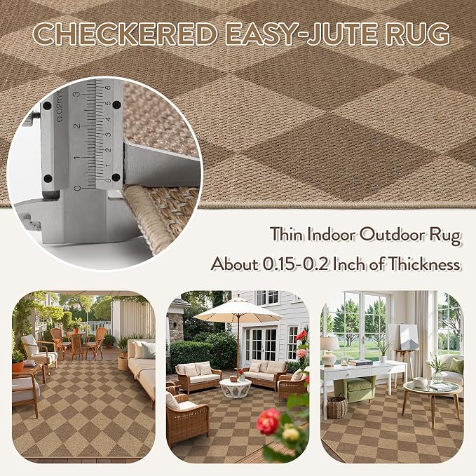 Lahome Checkered Easy Jute Living Room Rug, 8x10 Outdoor Rugs Washable | - Image 6