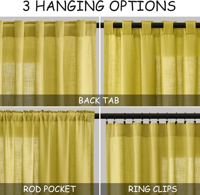 Celery Yellow Linen Curtains 90 Inches Long 2 Panel Set Back Tab Rod Pocket - Image 2