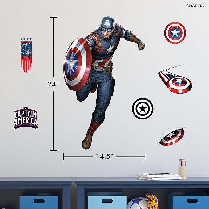 Wall Palz Marvel Captain America Wall Decals - 24" Avengers Removable Vinyl Stickers for Kids Bedroom Playroom Bathroom - Peel and Stick Room Décor