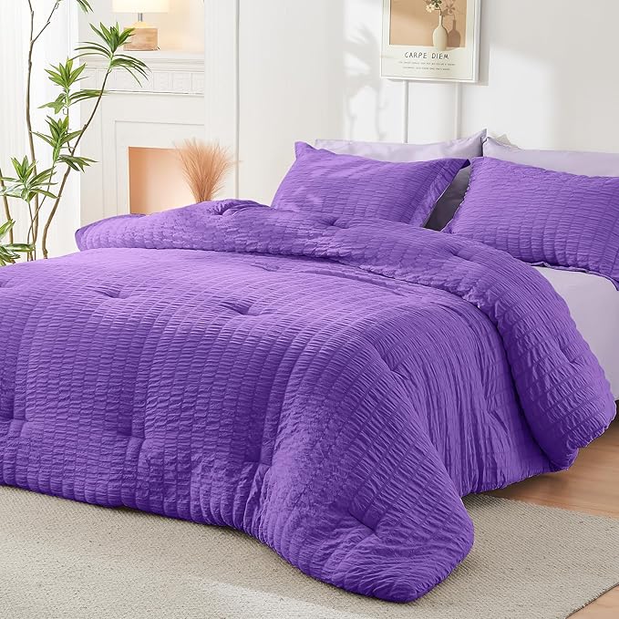 HYMOKEGE Dark Purple/Lavender California King Comforter Set Seersucker 7 Pieces, All Season Luxury Bed in a Bag for Bedroom, Bedding Set with Comforter, Sheets, Pillowcases & Shams