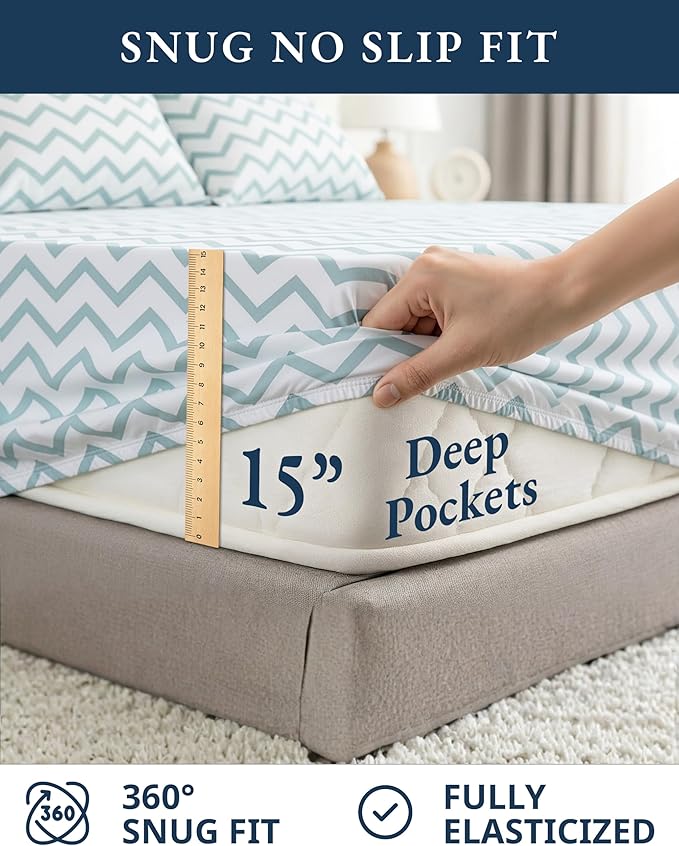 LANE LINEN 100% Organic Cotton Sheets Queen, 15" Deep Pocket Queen Sheets Fits Upto 15" Mattress, Soft & Comfy Fade Resistant Printed Sheet Set - Cool Blue Chevron
