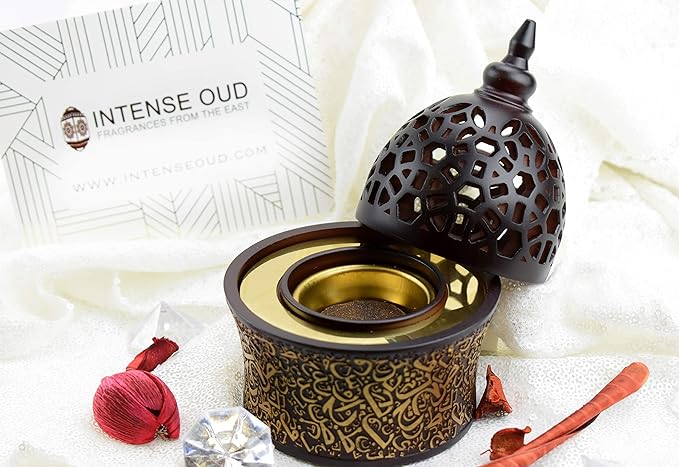 Intense Oud Calligraphy Style Closed Resin Incense Burner – 8 Inches, Brown Metal Tray, Arabian Bakhoor Burner for Yoga, Aromatherapy, Home, Office & Bedroom Decor