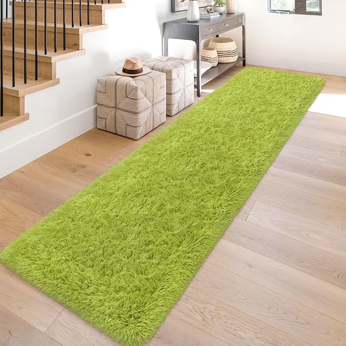 2x10 Bedside Area Rugs for Bedroom Soft Fluffy Shag Green Rug for Hallway by JiaoBaba