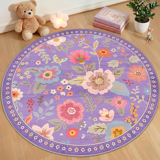 RELEANY Floral Washable Round 6ft Area Rug Purple/Pink | Flower Carpet Print by RELEANY