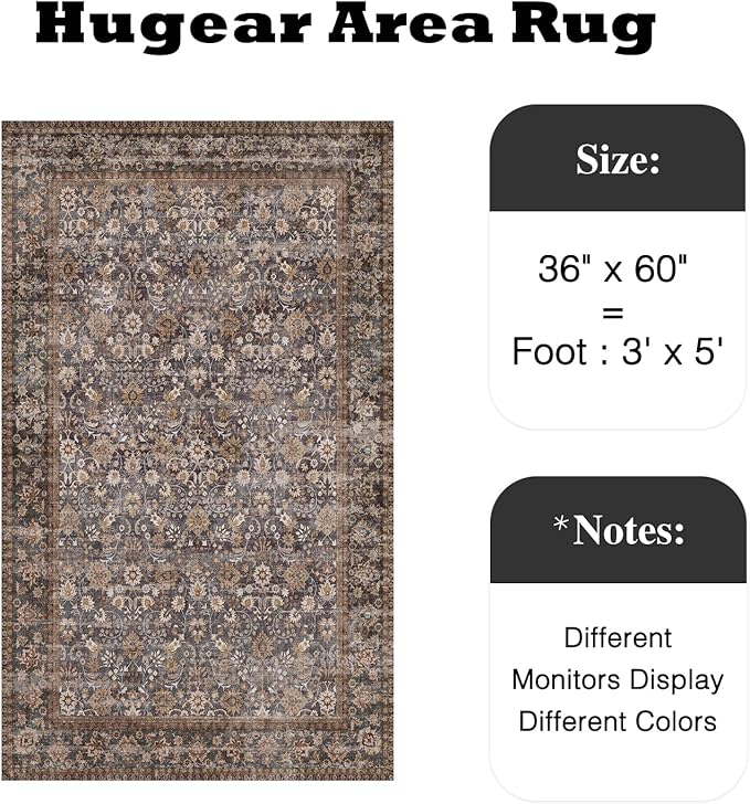 3x5 Brown Blue Vintage Floral Washable Area Rug - Image 2