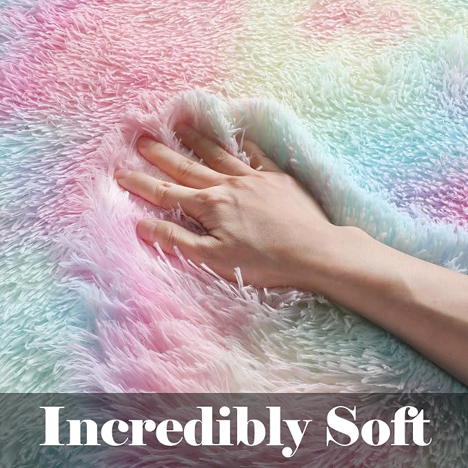 Rainbow Area Rugs for Living Room, 5x8 Fluffy Girls Bedroom Rug, Indoor Ultra - Image 2