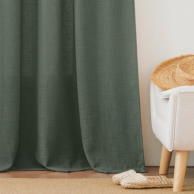 RYB HOME Green Linen Curtains 84 inches Long for Living Room Kids Room, Light Filtering Privacy Protection Home Decor 2 Panels Set for Sliding Glass Door, W 52 x L 84 inches, Hunter Green