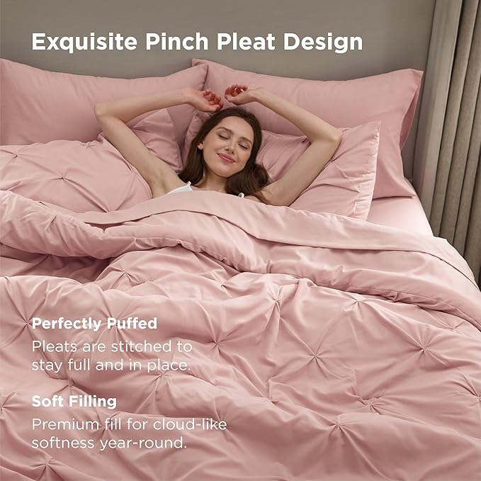 Bedsure California King Comforter Set Pink - Bed in a Bag Cal King Bedding Set 7 Pieces, GentleSoft™ Pintuck Bed Set Gift for Family, Pinch Pleat Pink Comforter with Sheets, Pillowcases & Shams