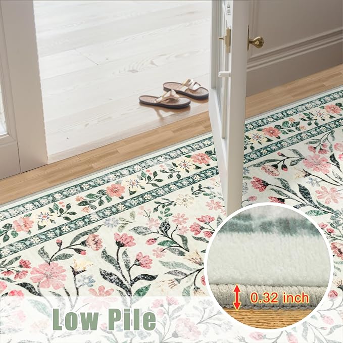 PLHXFR Area Rug 9x12 Living Room: Floral Washable Boho Carpet Green Beige | - Image 9