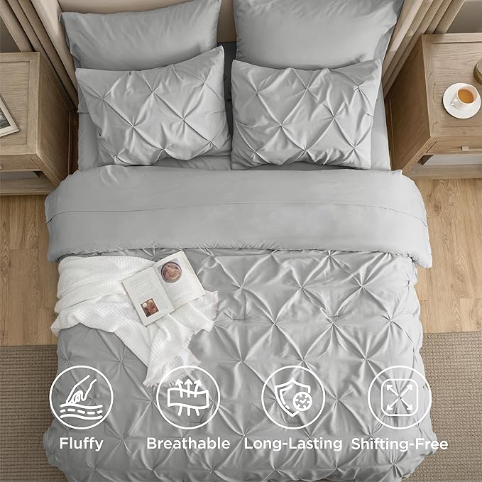 Bedsure Queen Comforter Set Light Grey - Bed in a Bag Queen Size Bedding 7 Pieces, GentleSoft™ Pintuck Bed Set Gift for Family, Pinch Pleat All Season Comforter with Sheets, Pillowcases & Shams