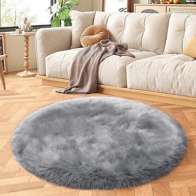 SERISSA 3x3 Fluffy Grey Round Faux Fur Area Rug - Image 7