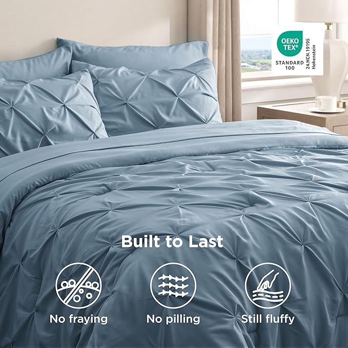Bedsure Full Comforter Set Mineral Blue - Bed in a Bag Full Size Bedding Set 7 Pieces, GentleSoft™ Pintuck Bed Set Gift for Family, Pinch Pleat All Season Comforter with Sheets, Pillowcases & Shams