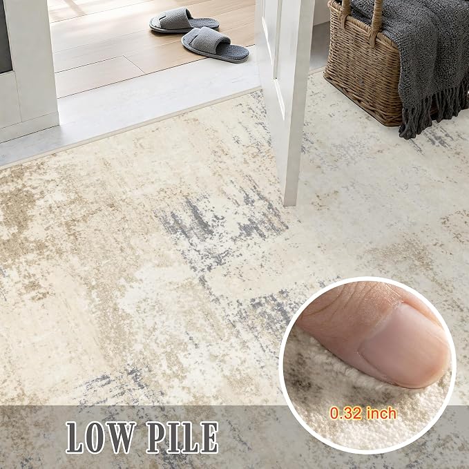 2.6x8 Washable Runner Rug：Modern Abstract Soft Carpet Beige Brown | - Image 7