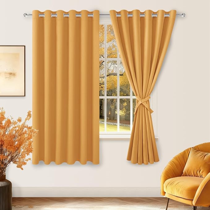Grommet Blackout Curtains for Bedroom, 70 x 63 Inch, Pumpkin Orange | Thermal by Hiasan