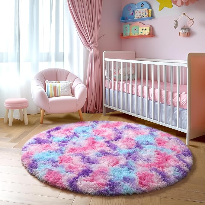 Amdrebio Pink Blue Purple Fluffy Large Round Rug 6Ft - Image 5
